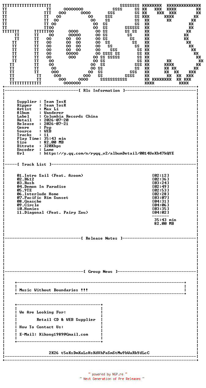 NFO for the release Max_Li-Wanderer-WEB-CN-2026-TosK by TosK