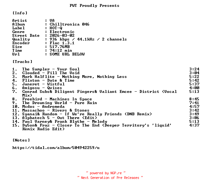 NFO for the release VA-Chilltronica_046-16BIT-WEB-FLAC-2026-PWT by PWT