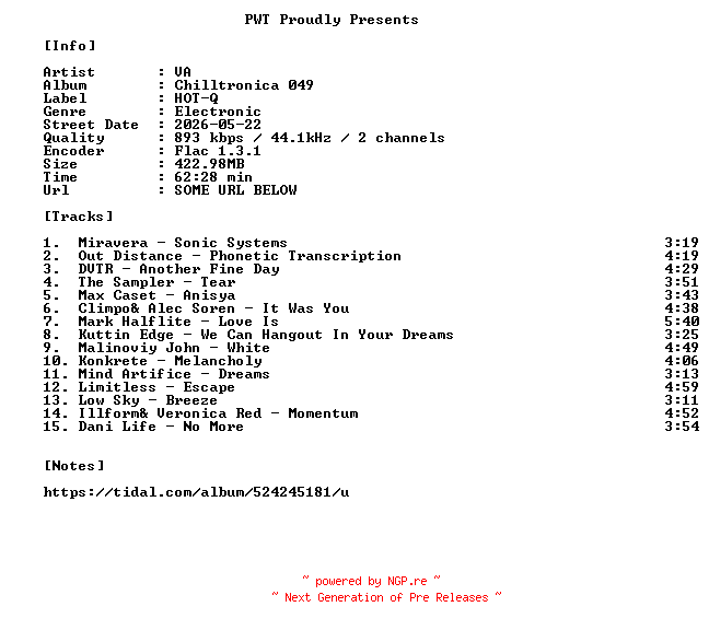 NFO for the release VA-Chilltronica_049-16BIT-WEB-FLAC-2026-PWT by PWT