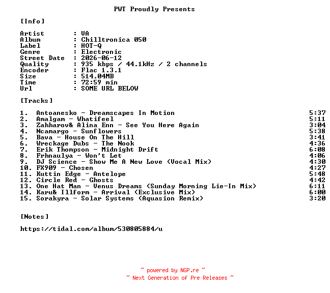NFO for the release VA-Chilltronica_050-16BIT-WEB-FLAC-2026-PWT by PWT