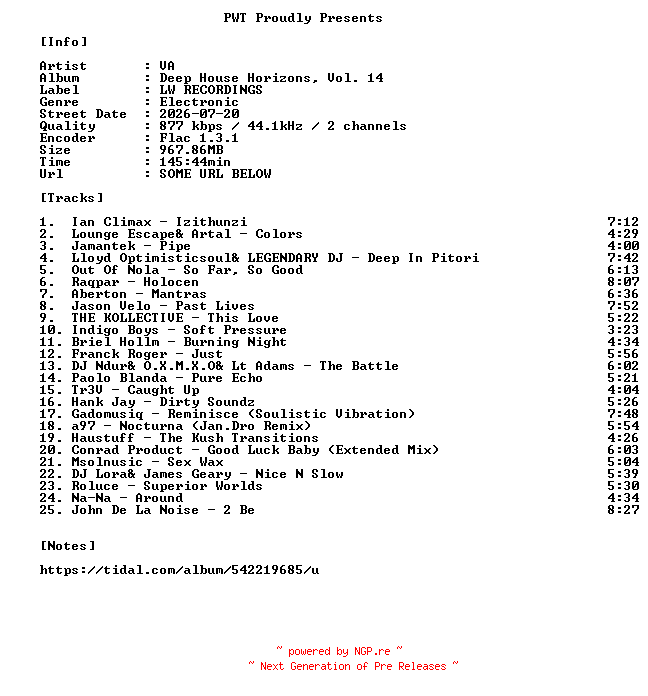 NFO for the release VA-Deep_House_Horizons_Vol._14-16BIT-WEB-FLAC-2026-PWT by PWT