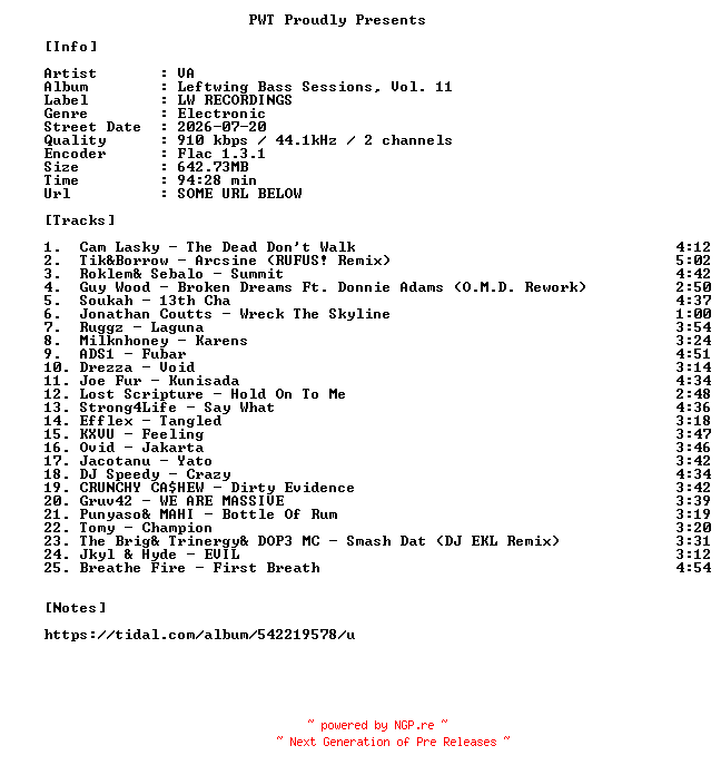 NFO for the release VA-Leftwing_Bass_Sessions_Vol._11-16BIT-WEB-FLAC-2026-PWT by PWT