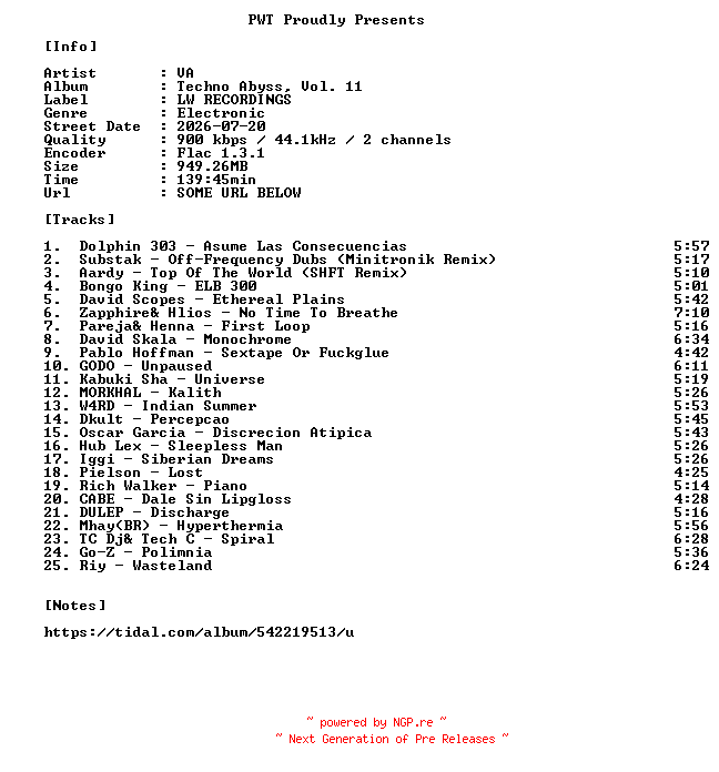NFO for the release VA-Techno_Abyss_Vol._11-16BIT-WEB-FLAC-2026-PWT by PWT