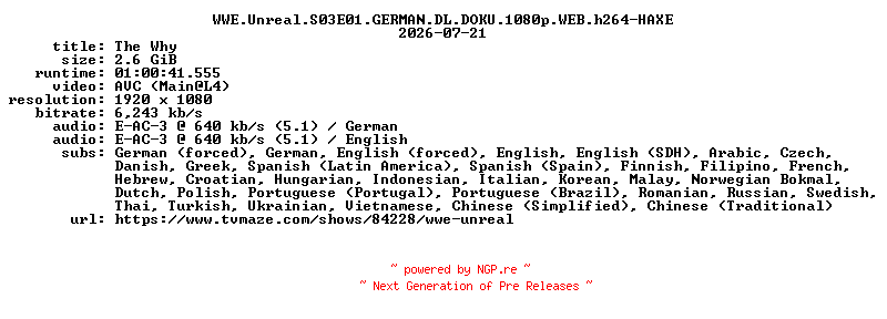 NFO for the release WWE.Unreal.S03E01.GERMAN.DL.DOKU.1080p.WEB.h264-HAXE by HAXE