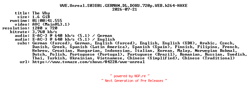 NFO for the release WWE.Unreal.S03E01.GERMAN.DL.DOKU.720p.WEB.h264-HAXE by HAXE