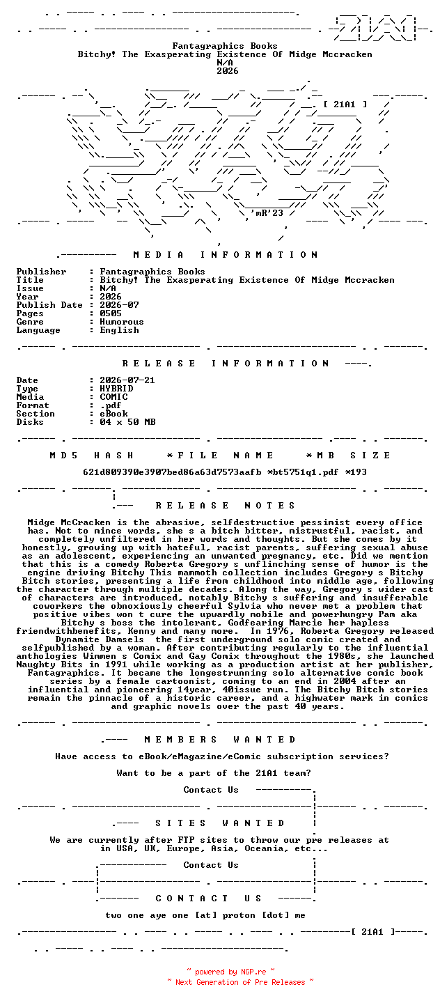 NFO for the release Fantagraphics.Books.-.Bitchy.The.Exasperating.Existence.Of.Midge.Mccracken.2026.HYBRID.COMIC.eBook-21A1 by 21A1
