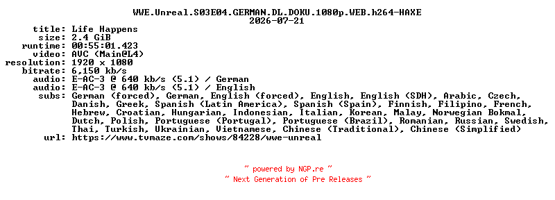 NFO for the release WWE.Unreal.S03E04.GERMAN.DL.DOKU.1080p.WEB.h264-HAXE by HAXE