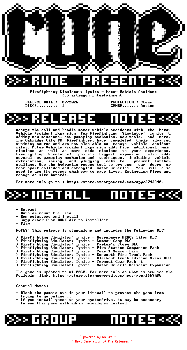 NFO for the release Firefighting.Simulator.Ignite.Motor.Vehicle.Accident-RUNE by RUNE