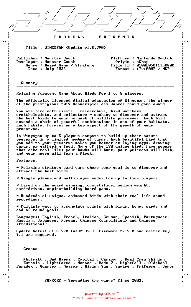 NFO for the release WINGSPAN_Update_v1.8.790_NSW-SUXXORS by SUXXORS