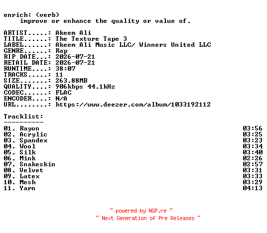 NFO for the release Akeem_Ali-The_Texture_Tape_3-16BIT-WEB-FLAC-2026-ENRiCH by ENRiCH