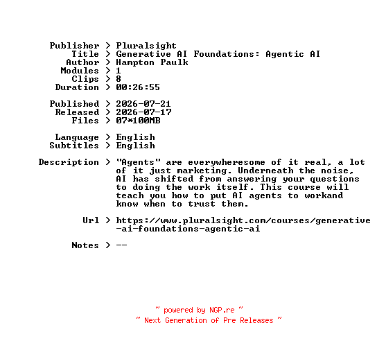 NFO for the release Pluralsight.Generative.AI.Foundations.Agentic.AI.2026.BOOKWARE-GETH by GETH