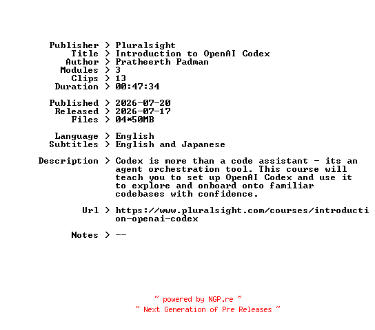 NFO for the release Pluralsight.Introduction.to.OpenAI.Codex.2026.BOOKWARE-GETH by GETH