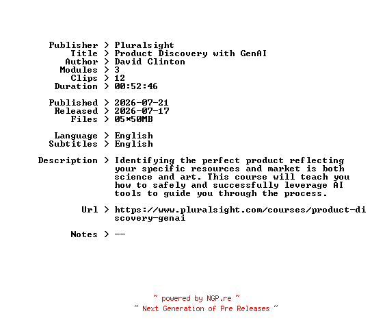 NFO for the release Pluralsight.Product.Discovery.with.GenAI.2026.BOOKWARE-GETH by GETH