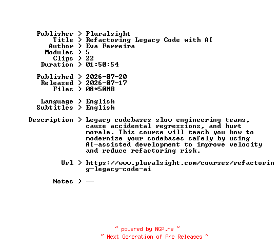 NFO for the release Pluralsight.Refactoring.Legacy.Code.with.AI.2026.BOOKWARE-GETH by GETH