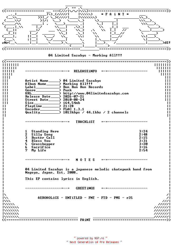 NFO for the release 04_Limited_Sazabys-Marking_All-CDEP-FLAC-2010-FAiNT by FAiNT