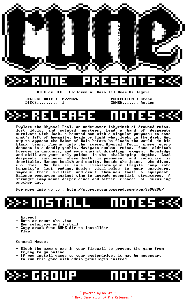 NFO for the release DIVE.or.DIE.Children.of.Rain-RUNE by RUNE