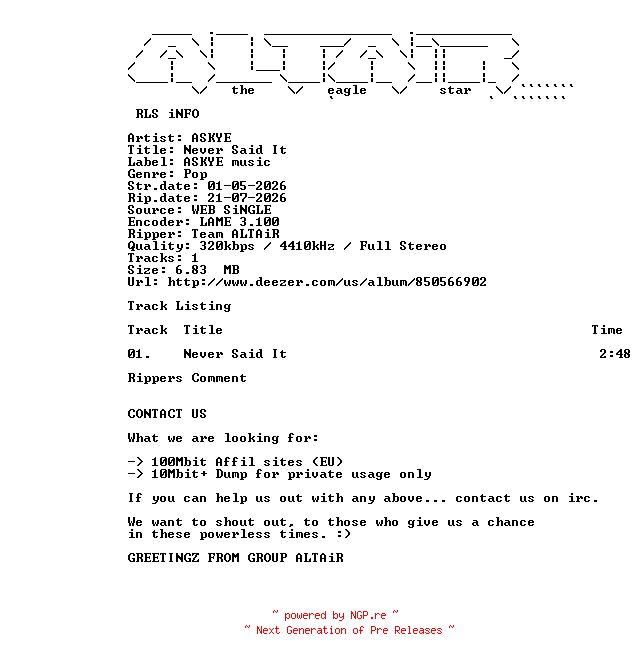NFO for the release ASKYE_-_Never_Said_It-SINGLE-WEB-2026-ALTAiR by ALTAiR