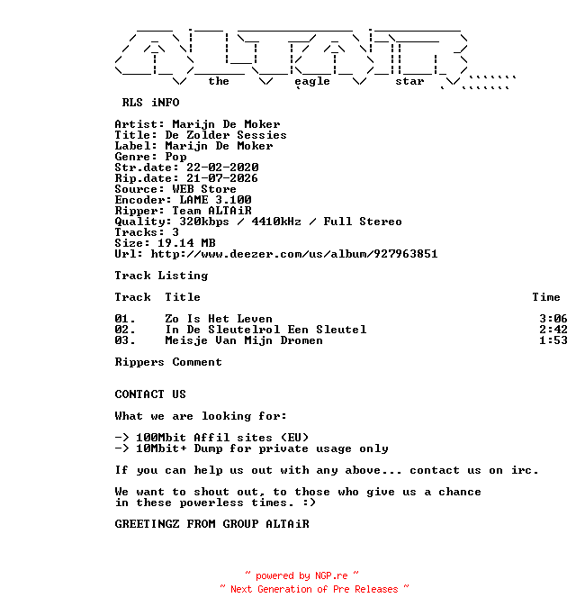 NFO for the release Marijn_De_Moker_-_De_Zolder_Sessies-WEB-NL-2020-ALTAiR by ALTAiR