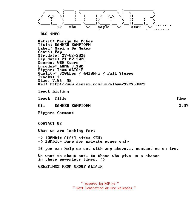 NFO for the release Marijn_De_Moker_-_KANKER_KAMPIOEN-WEB-NL-2026-ALTAiR by ALTAiR