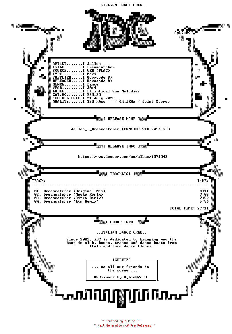 NFO for the release Jallen_-_Dreamcatcher-(ESM130)-WEB-2014-iDC by iDC