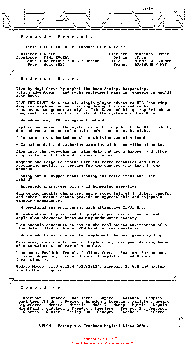 NFO for the release DAVE_THE_DIVER_Update_v1.0.6.1224_NSW-VENOM by VENOM