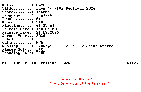 NFO for the release AZYR-Live_At_HIVE_Festival_2026-WEB-2026-XTC_iNT by XTC_iNT