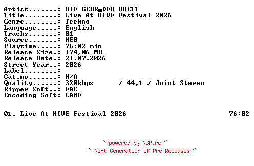 NFO for the release DIE_GEBRDER_BRETT-Live_At_HIVE_Festival_2026-WEB-2026-XTC_iNT by XTC_iNT