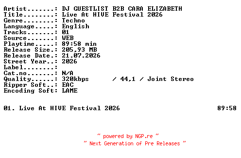 NFO for the release DJ_GUESTLIST_B2B_CARA_ELIZABETH-Live_At_HIVE_Festival_2026-WEB-2026-XTC_iNT by XTC_iNT