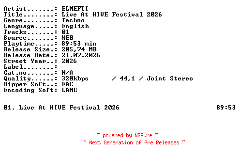 NFO for the release ELMEFTI-Live_At_HIVE_Festival_2026-WEB-2026-XTC_iNT by XTC_iNT