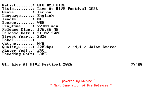 NFO for the release GIO_B2B_DICE-Live_At_HIVE_Festival_2026-WEB-2026-XTC_iNT by XTC_iNT