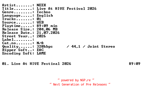 NFO for the release NEEK-Live_At_HIVE_Festival_2026-WEB-2026-XTC_iNT by XTC_iNT