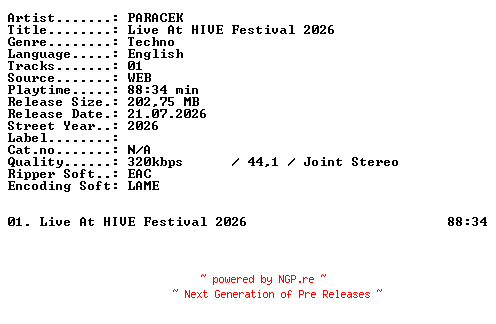 NFO for the release PARACEK-Live_At_HIVE_Festival_2026-WEB-2026-XTC_iNT by XTC_iNT