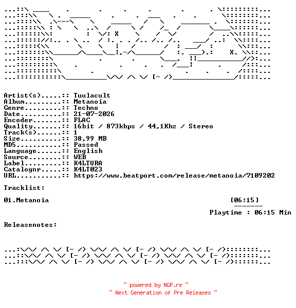 NFO for the release Tuulacult-Metanoia-K4LT023-SINGLE-16BIT-WEB-FLAC-2026-WAVED by WAVED