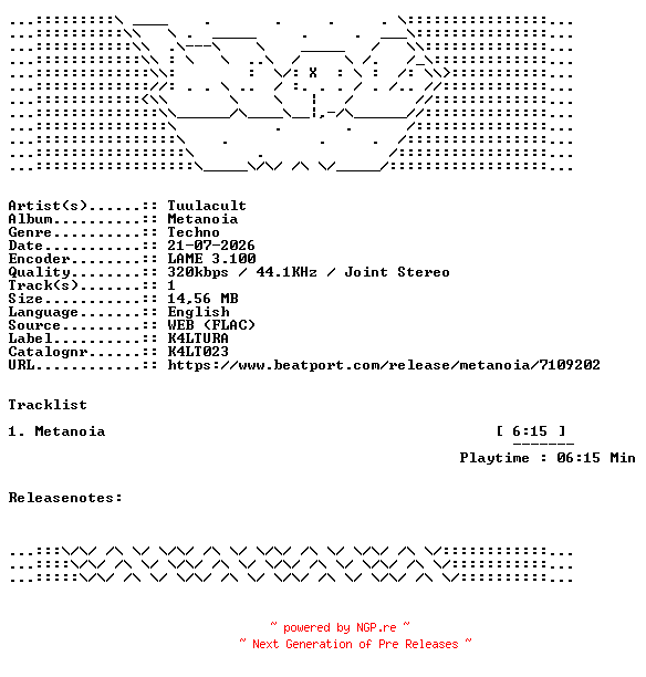 NFO for the release Tuulacult-Metanoia-K4LT023-SINGLE-WEB-2026-WAV by WAV