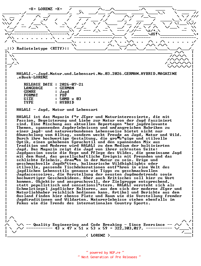 NFO for the release HALALI.-.Jagd.Natur.und.Lebensart.No.03.2026.GERMAN.HYBRID.MAGAZINE.eBook-LORENZ by LORENZ