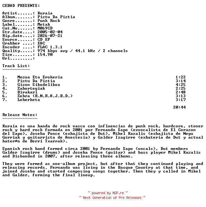 NFO for the release Kuraia-Piztu_Da_Piztia-(M069CD)-EU-CDEP-FLAC-2005-CEBAD by CEBAD