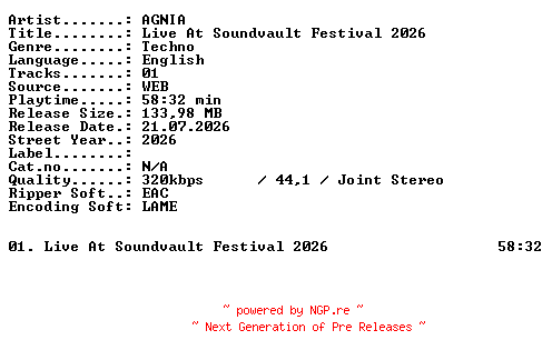 NFO for the release AGNIA-Live_At_Soundvault_Festival_2026-WEB-2026-XTC_iNT by XTC_iNT