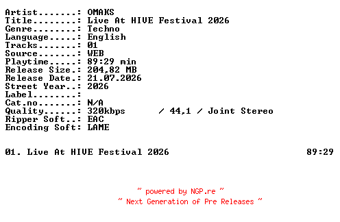 NFO for the release OMAKS-Live_At_HIVE_Festival_2026-WEB-2026-XTC_iNT by XTC_iNT