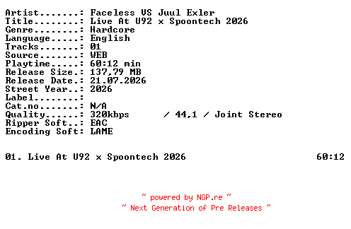 NFO for the release Faceless_VS_Juul_Exler-Live_At_U92_x_Spoontech_2026-WEB-2026-XTC_iNT by XTC_iNT