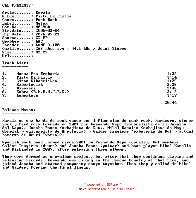 NFO for the release Kuraia-Piztu_Da_Piztia-(M069CD)-EU-CDEP-2005-CEB by CEB