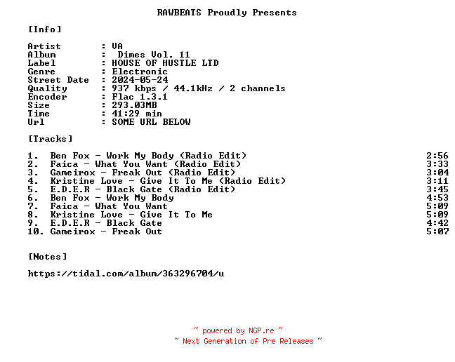 NFO for the release VA-Dimes_Vol._11-16BIT-WEB-FLAC-2024-RAWBEATS by RAWBEATS