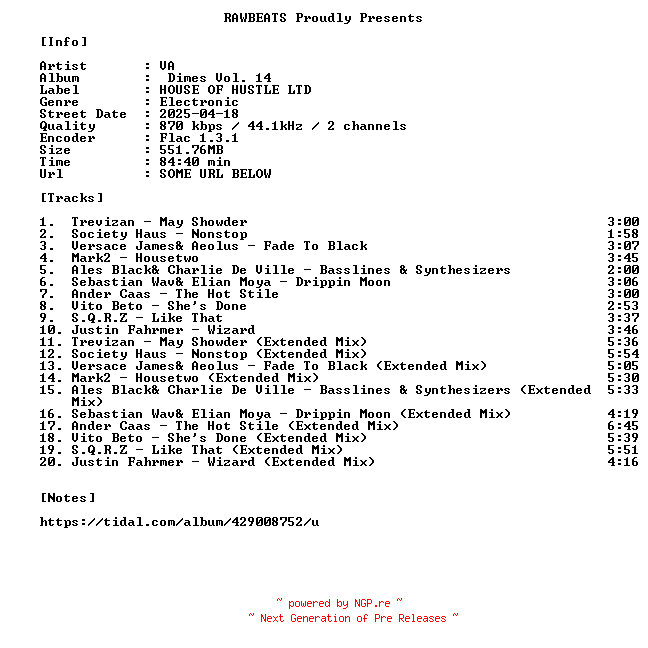 NFO for the release VA-Dimes_Vol._14-16BIT-WEB-FLAC-2025-RAWBEATS by RAWBEATS