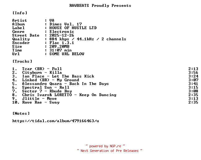 NFO for the release VA-Dimes_Vol._17-16BIT-WEB-FLAC-2025-RAWBEATS by RAWBEATS