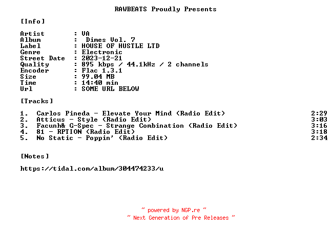 NFO for the release VA-Dimes_Vol._7-16BIT-WEB-FLAC-2023-RAWBEATS by RAWBEATS