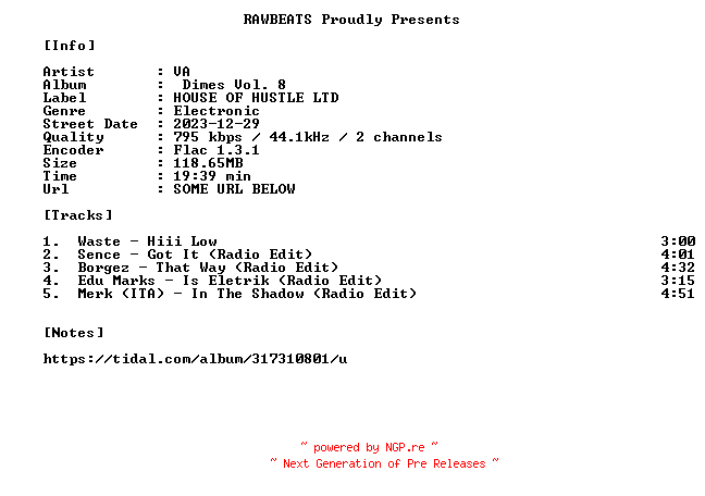 NFO for the release VA-Dimes_Vol._8-16BIT-WEB-FLAC-2023-RAWBEATS by RAWBEATS