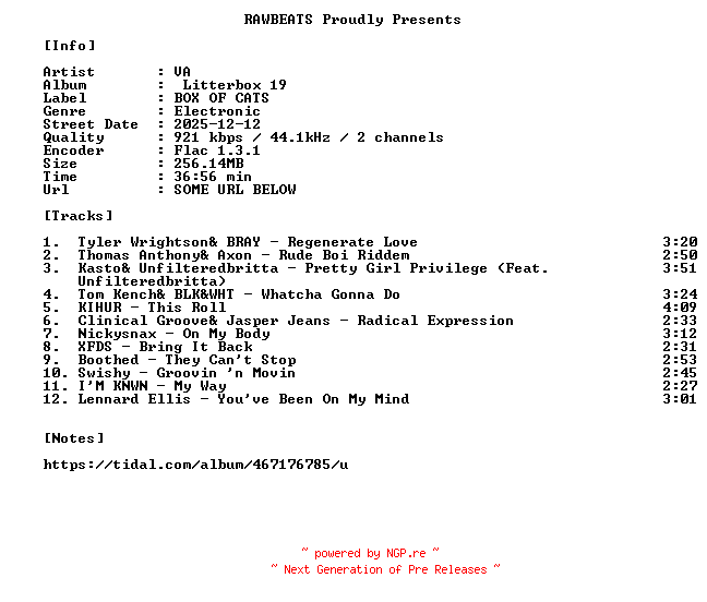 NFO for the release VA-Litterbox_19-16BIT-WEB-FLAC-2025-RAWBEATS by RAWBEATS