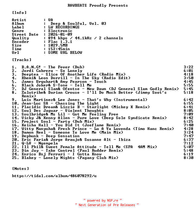 NFO for the release VA-Deep_And_Soulful_Vol._03-16BIT-WEB-FLAC-2026-RAWBEATS by RAWBEATS