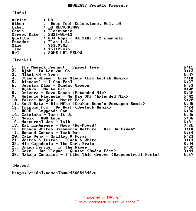 NFO for the release VA-Deep_Tech_Selections_Vol._10-16BIT-WEB-FLAC-2026-RAWBEATS by RAWBEATS