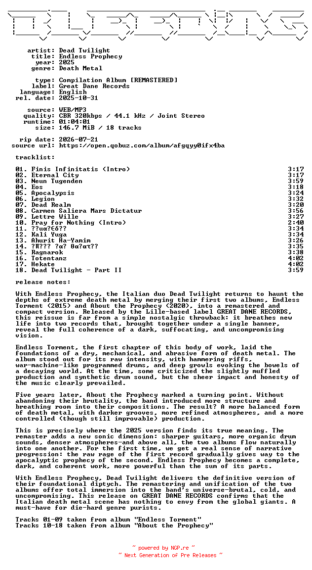 NFO for the release Dead_Twilight-Endless_Prophecy-Remastered-WEB-2025-BLEEDiNG by BLEEDiNG