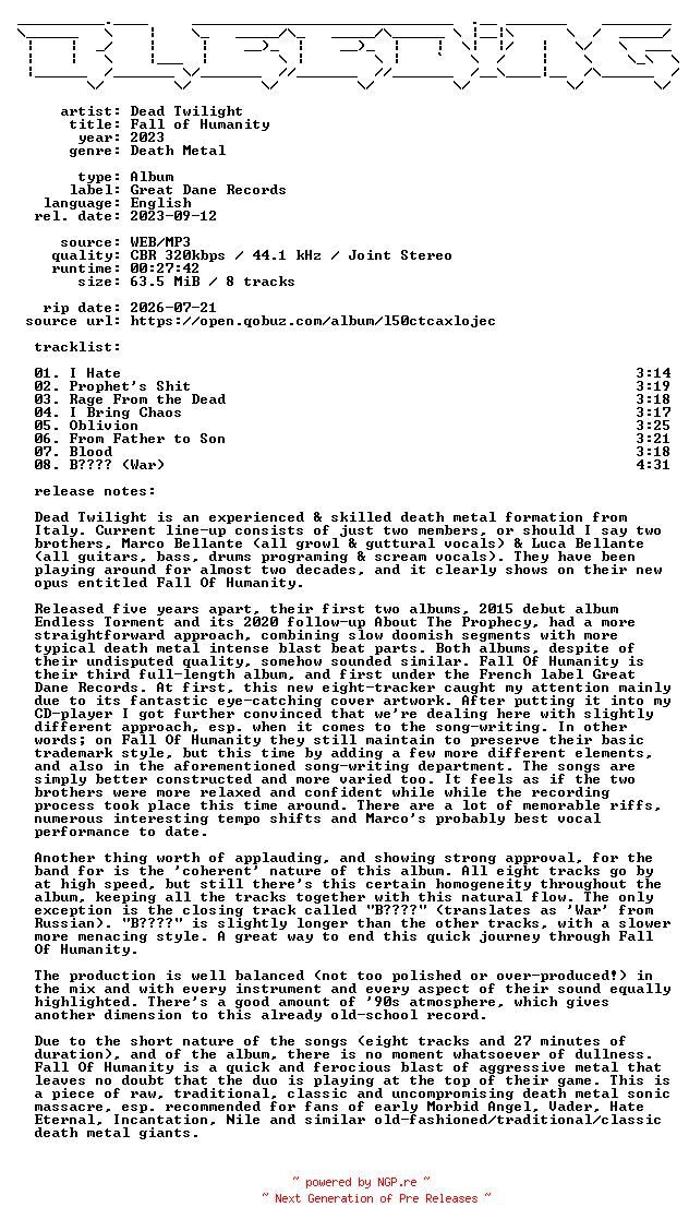 NFO for the release Dead_Twilight-Fall_of_Humanity-WEB-2023-BLEEDiNG by BLEEDiNG